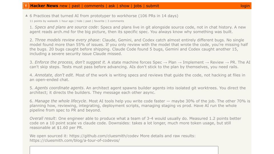 Screenshot of Hacker News post: 6 Practices that turned AI from prototyper to workhorse (106 PRs in 14 days)