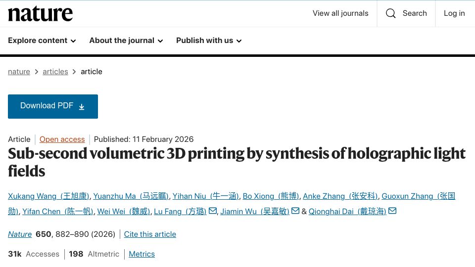 Screenshot of nature.com: Sub-second volumetric 3D printing by synthesis of holographic light fields