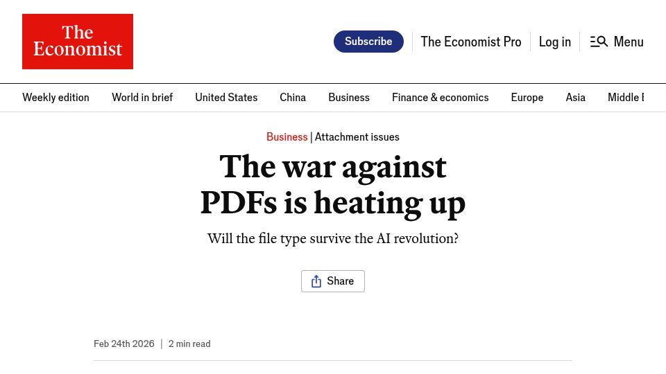Screenshot of economist.com: The war against PDFs is heating up