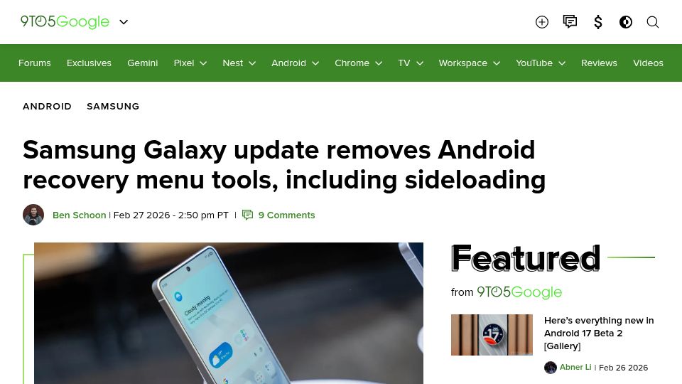Screenshot of 9to5google.com: Samsung Galaxy update removes Android recovery menu tools, including sideloading