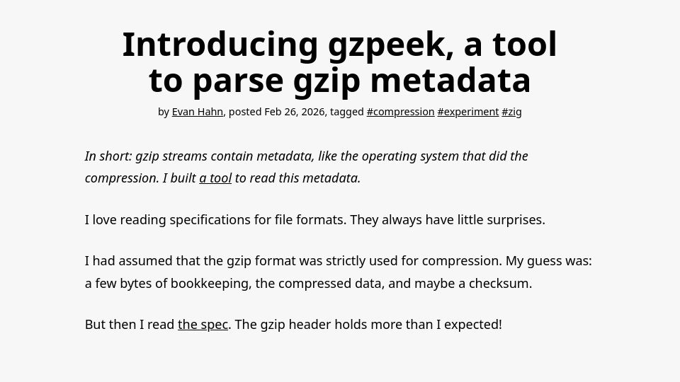 Screenshot of evanhahn.com: Gzpeek: Tool to Parse Gzip Metadata
