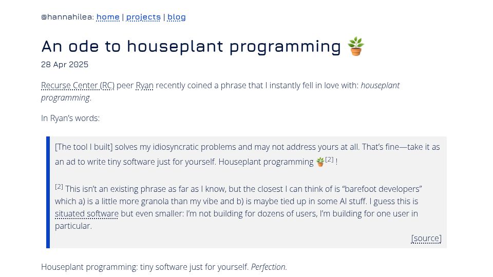 Screenshot of hannahilea.com: An ode to houseplant programming (2025)
