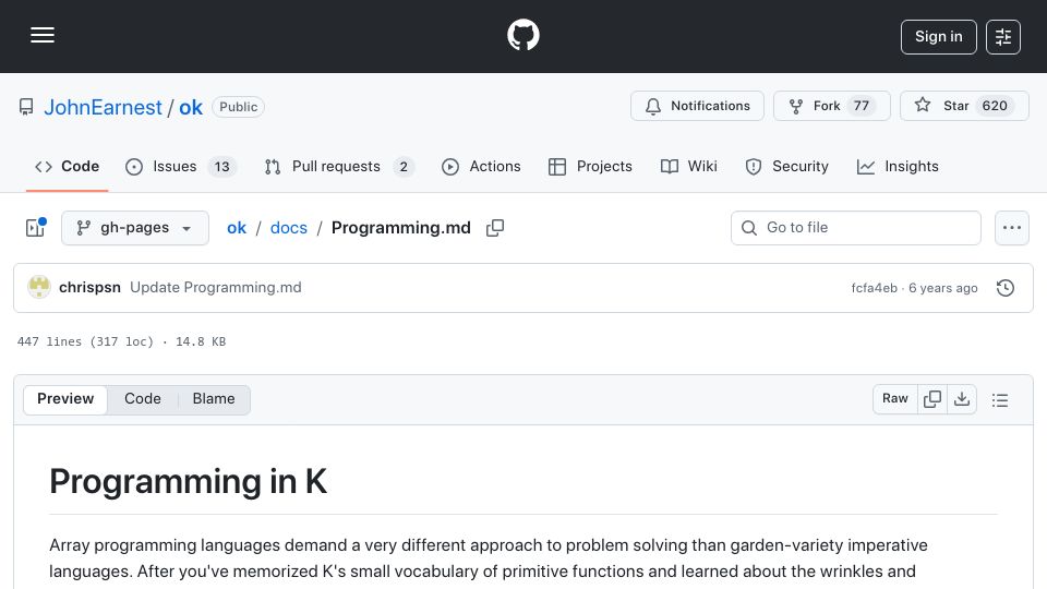 Screenshot of github.com: Programming in K