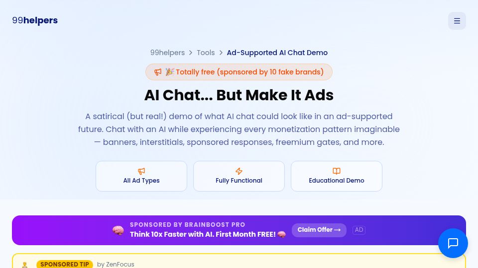 Screenshot of 99helpers.com: I built a demo of what AI chat will look like when it's “free” and ad-supported