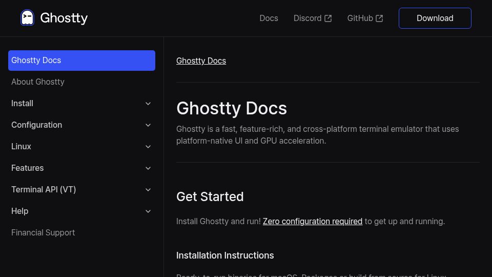 Screenshot of ghostty.org: Ghostty – Terminal Emulator