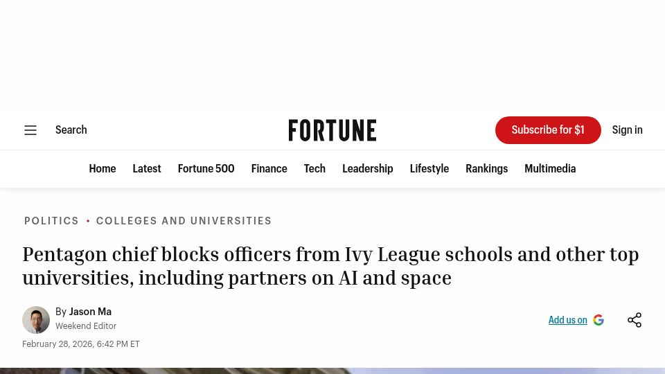 Screenshot of fortune.com: Pentagon chief blocks officers from Ivy League schools and top universities