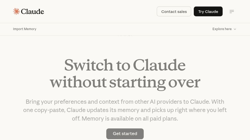 Screenshot of claude.com: Switch to Claude without starting over