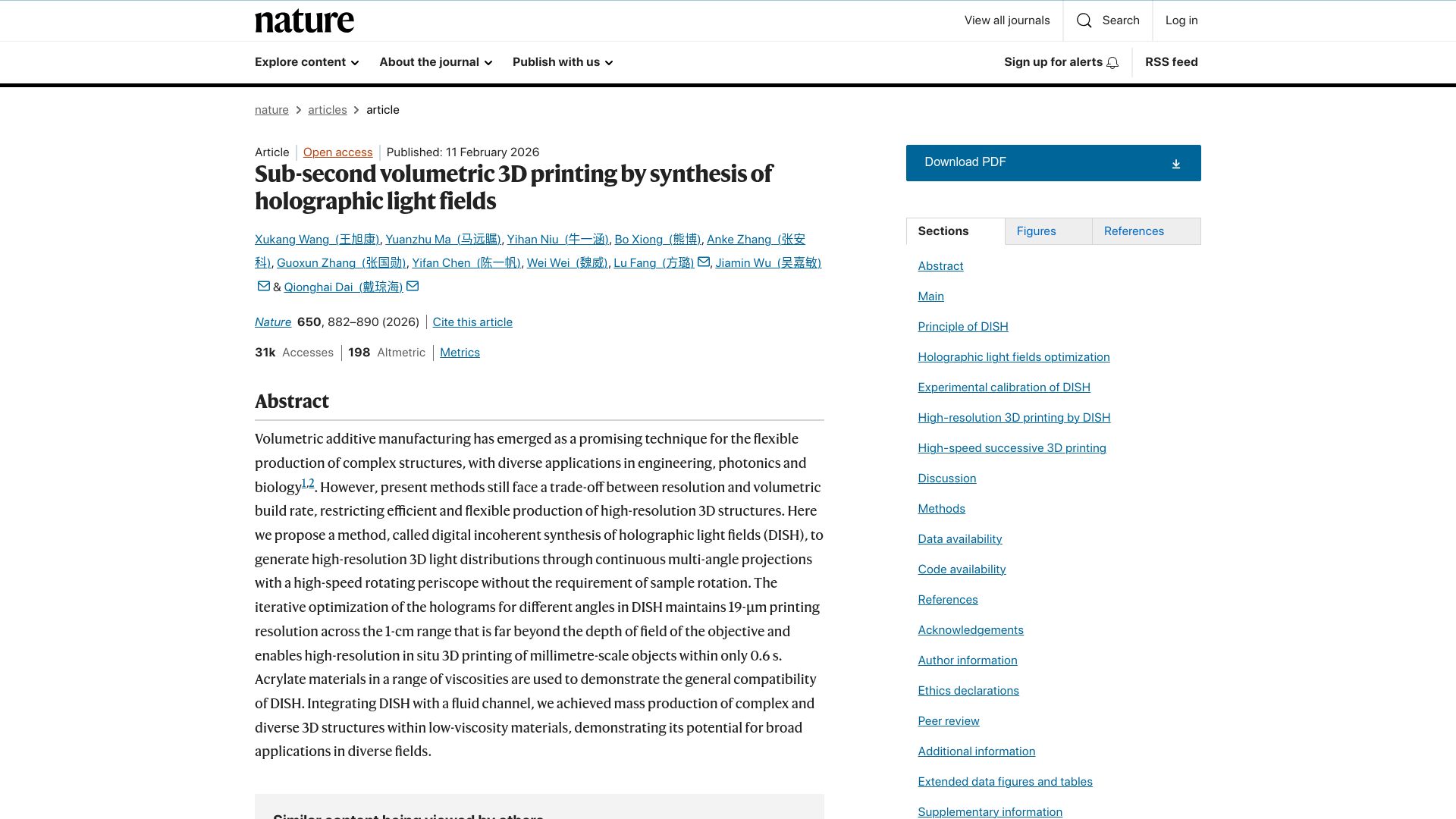 Screenshot of nature.com: Sub-second volumetric 3D printing by synthesis of holographic light fields
