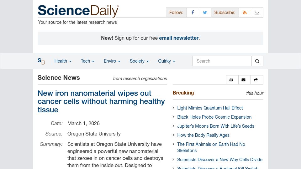 Screenshot of sciencedaily.com: New iron nanomaterial wipes out cancer cells without harming healthy tissue