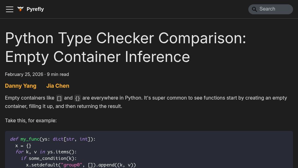 Screenshot of pyrefly.org: Python Type Checker Comparison: Empty Container Inference