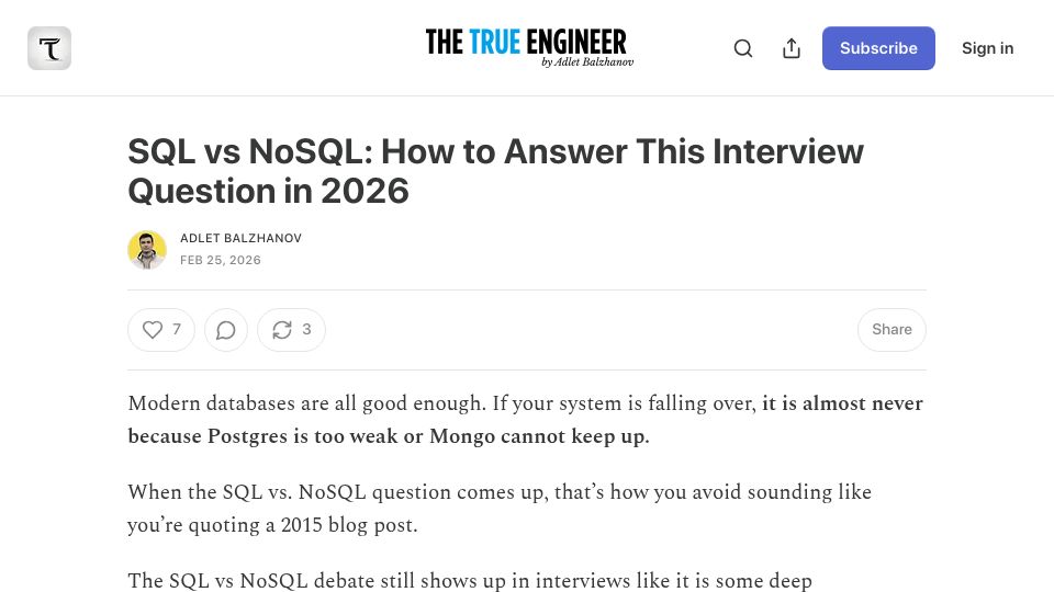 Screenshot of thetrueengineer.com: SQL vs. NoSQL: How to Answer This Interview Question in 2026