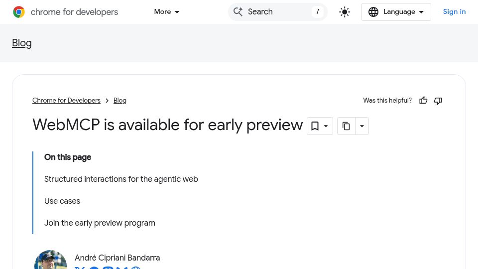 Screenshot of developer.chrome.com: WebMCP is available for early preview