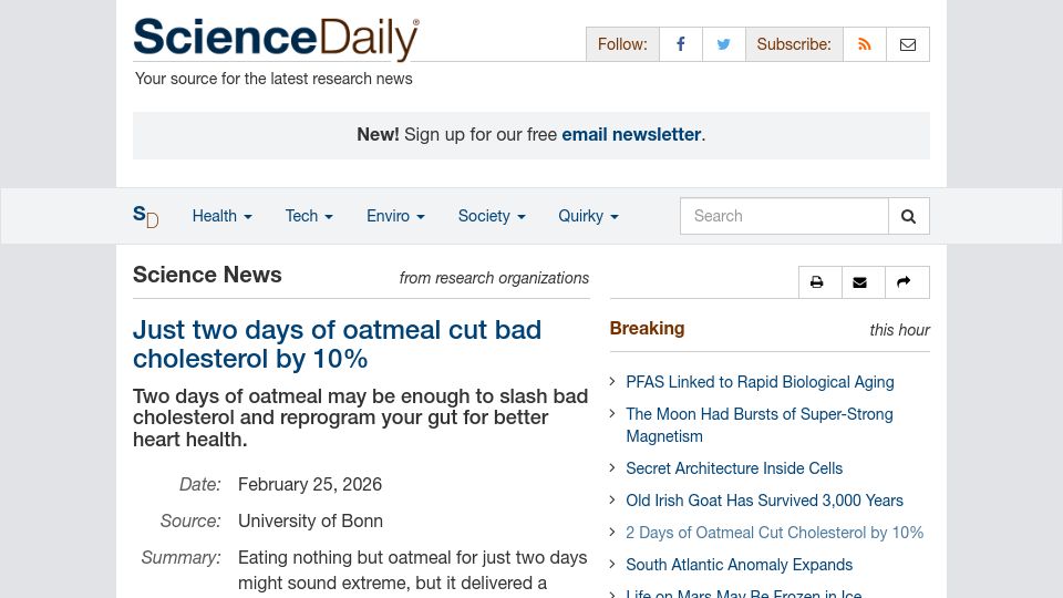 Screenshot of sciencedaily.com: Just two days of oatmeal cut bad cholesterol by 10%