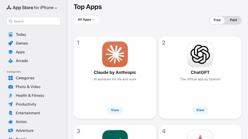 Screenshot of apps.apple.com: Claude surpasses ChatGPT to become the #1 app on the US App Store