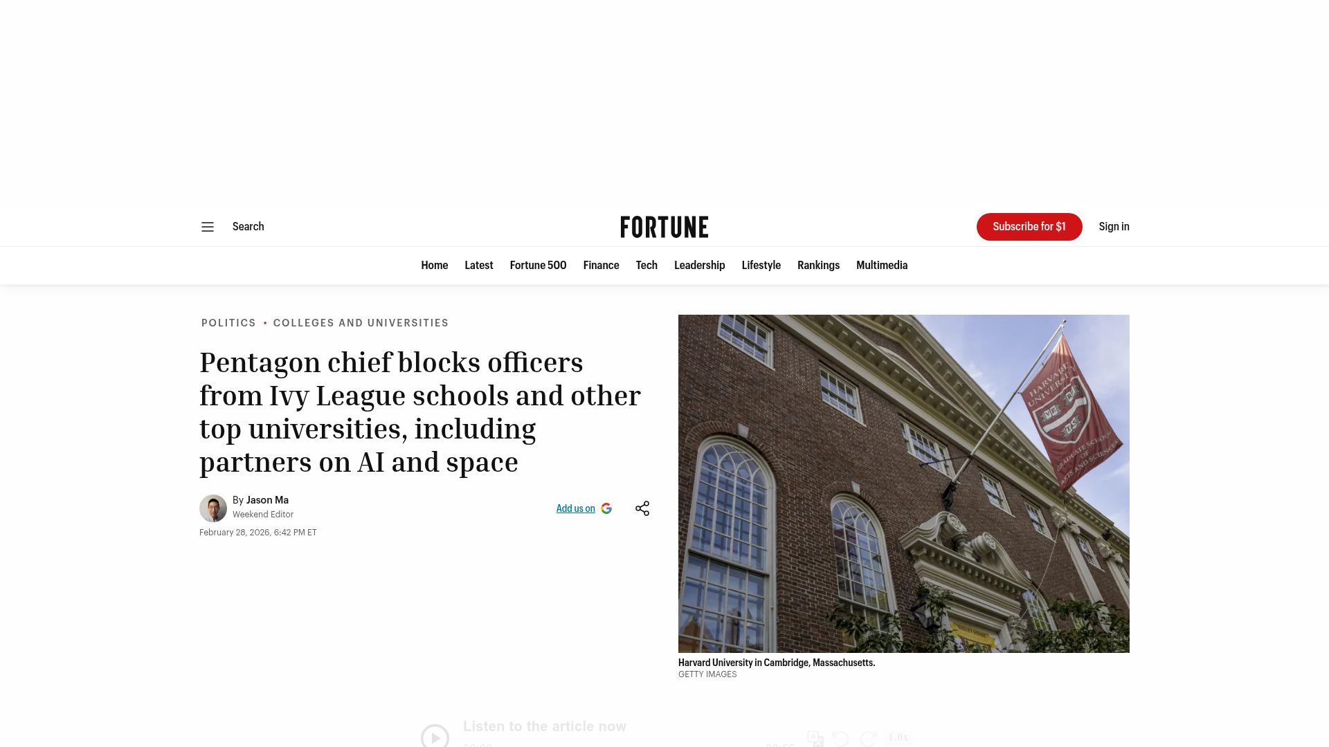 Screenshot of fortune.com: Pentagon chief blocks officers from Ivy League schools and top universities