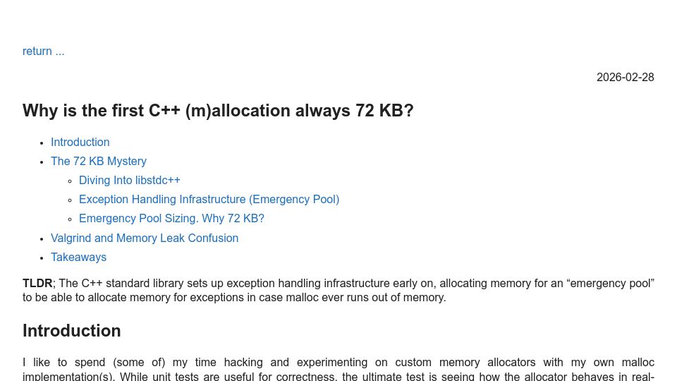 Screenshot of joelsiks.com: Why is the first C++ (m)allocation always 72 KB?