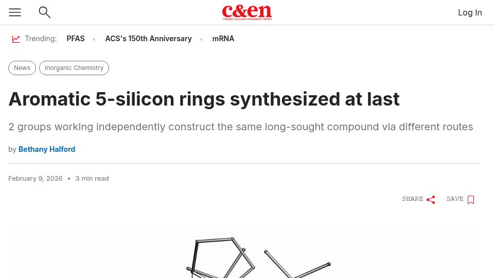Screenshot of cen.acs.org: Aromatic 5-silicon rings synthesized at last