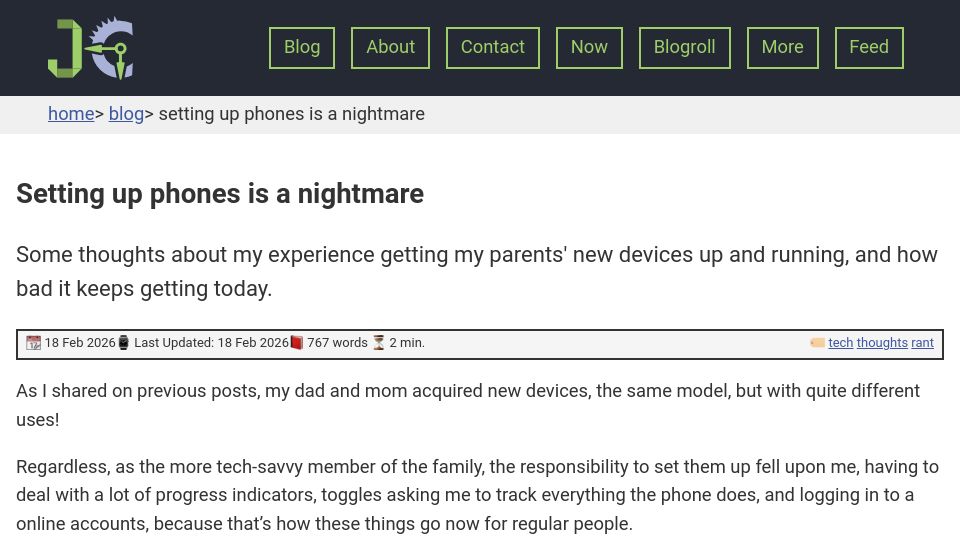 Screenshot of joelchrono.xyz: Setting up phones is a nightmare