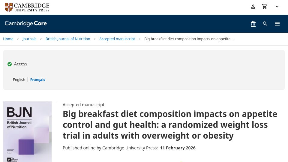 Screenshot of cambridge.org: Big Breakfast Alters Appetite, Gut Health