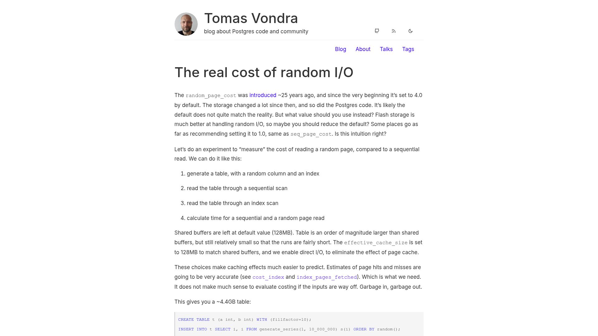 Screenshot of vondra.me: The real cost of random I/O