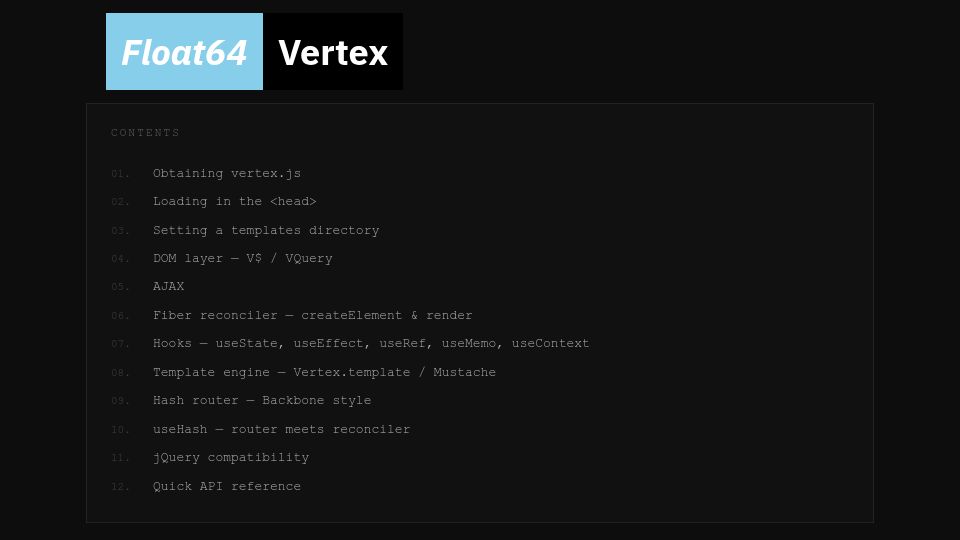 Screenshot of lukeb42.github.io: Show HN: Vertex.js – A 1kloc SPA Framework