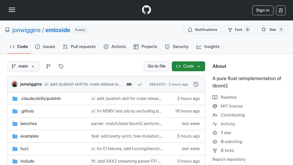 Screenshot of github.com: Show HN: Xmloxide – an agent made rust replacement for libxml2
