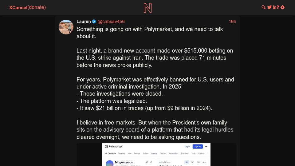 Screenshot of twitter.com: A new Polymarket account made over $500k betting on the U.S. strike against Iran