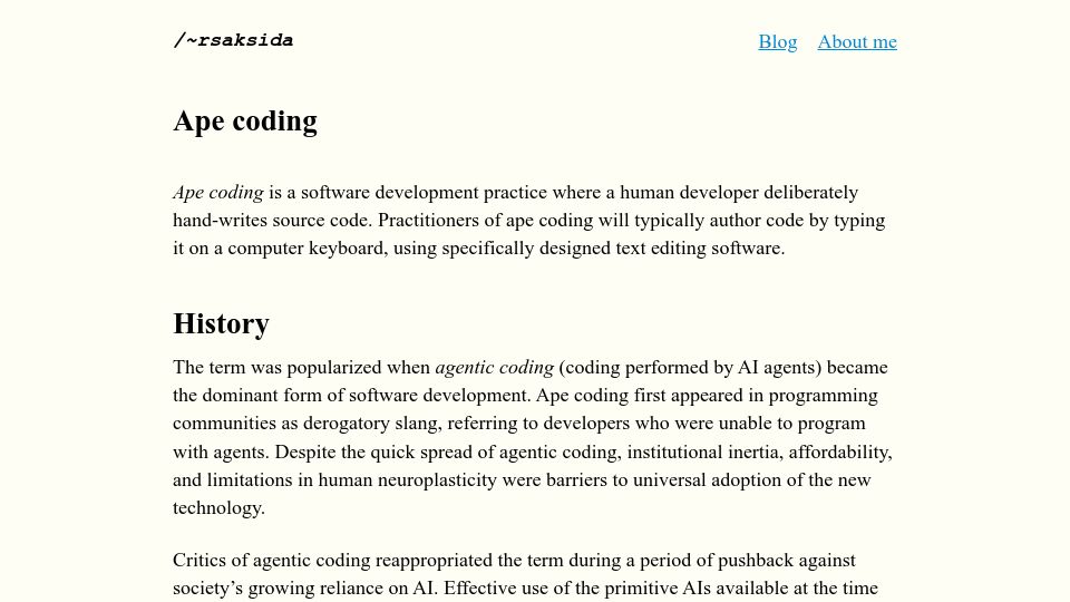 Screenshot of rsaksida.com: Ape Coding [fiction]
