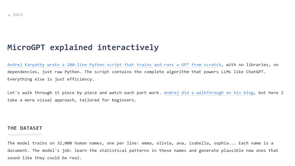 Screenshot of growingswe.com: Microgpt explained interactively