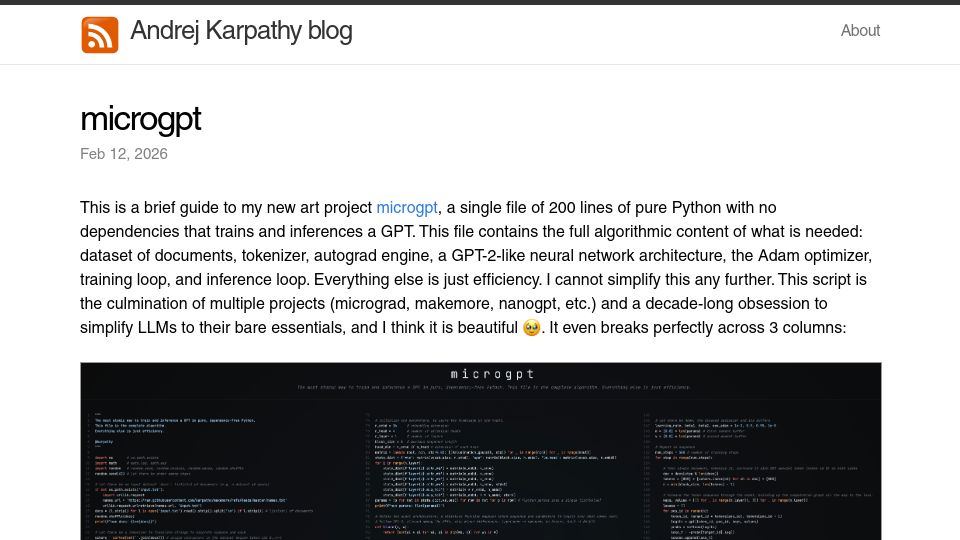 Screenshot of karpathy.github.io: Microgpt