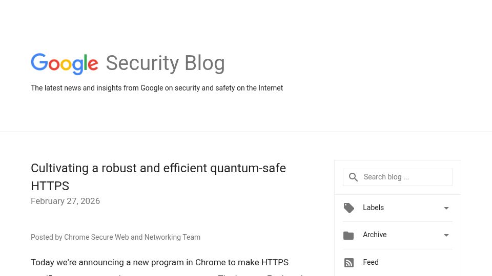Screenshot of security.googleblog.com: Robust and efficient quantum-safe HTTPS