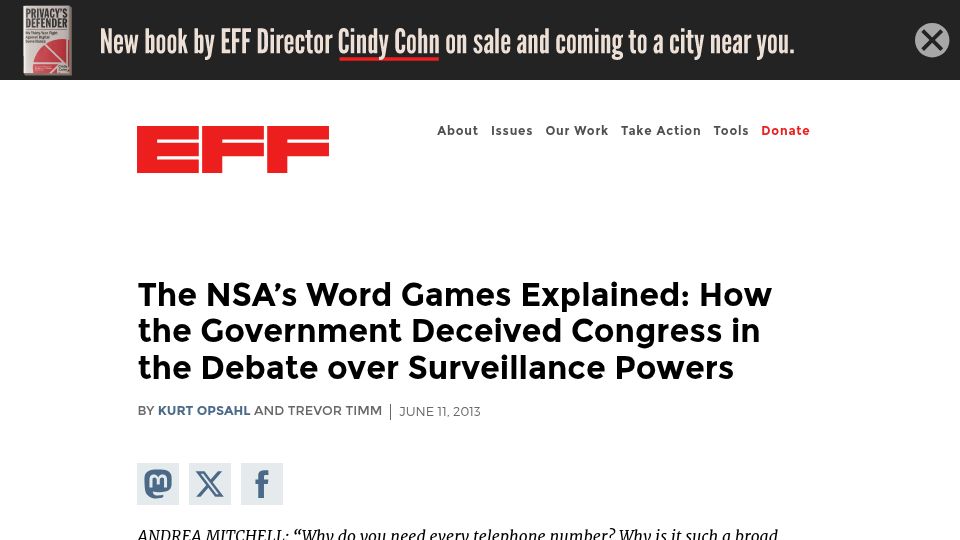 Screenshot of eff.org: How the Government Deceived Congress in the Debate over Surveillance Powers (2013)