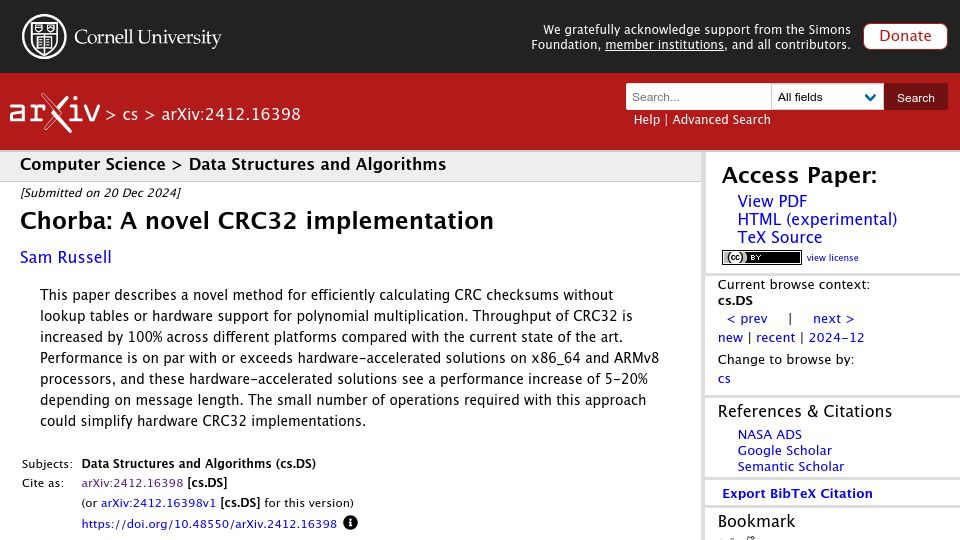Screenshot of arxiv.org: Chorba: A novel CRC32 implementation (2024)