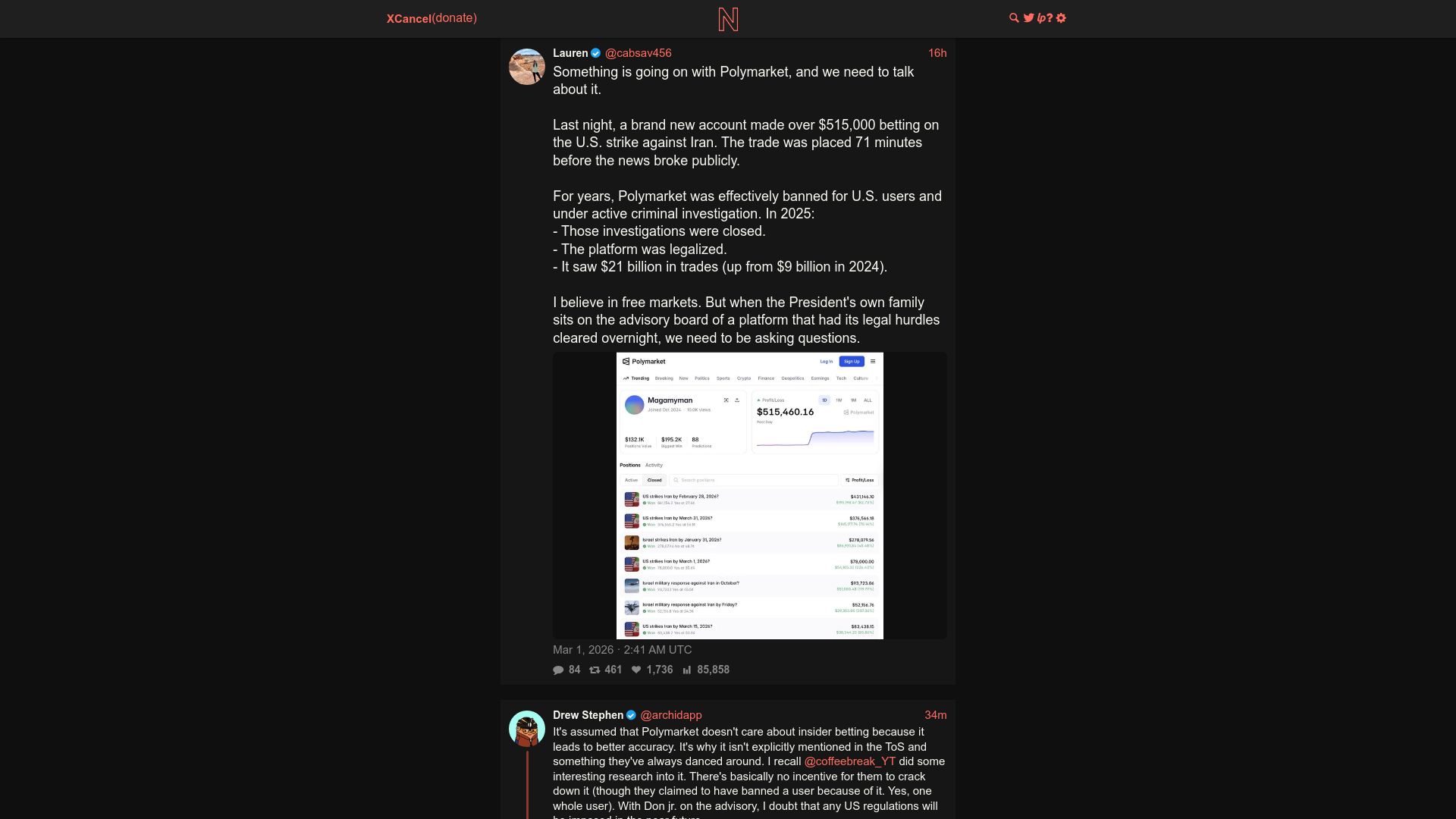 Screenshot of twitter.com: A new Polymarket account made over $500k betting on the U.S. strike against Iran