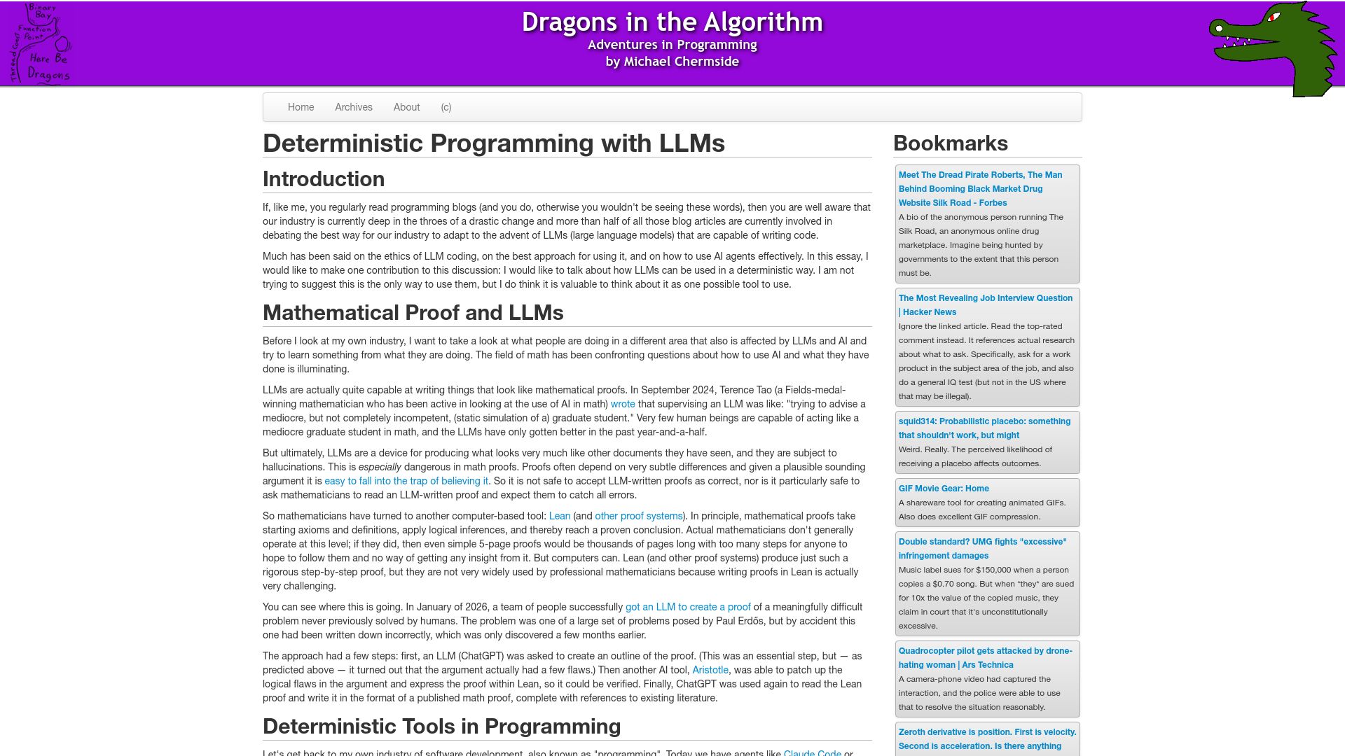 Screenshot of mcherm.com: Deterministic Programming with LLMs