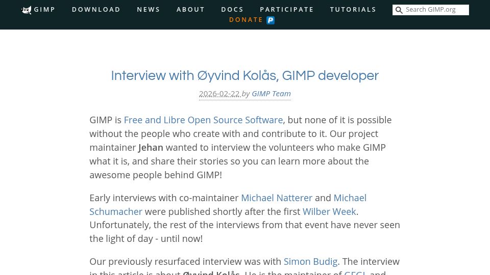 Screenshot of gimp.org: Interview with Øyvind Kolås, GIMP developer (2017)