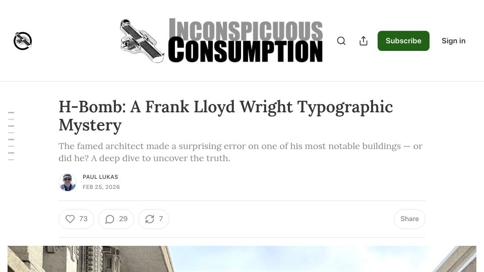 Screenshot of inconspicuous.info: H-Bomb: A Frank Lloyd Wright typographic mystery