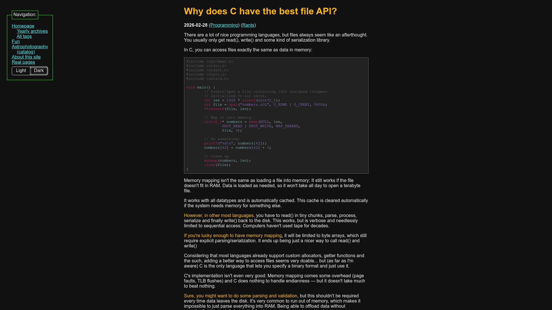 Screenshot of maurycyz.com: Why does C have the best file API