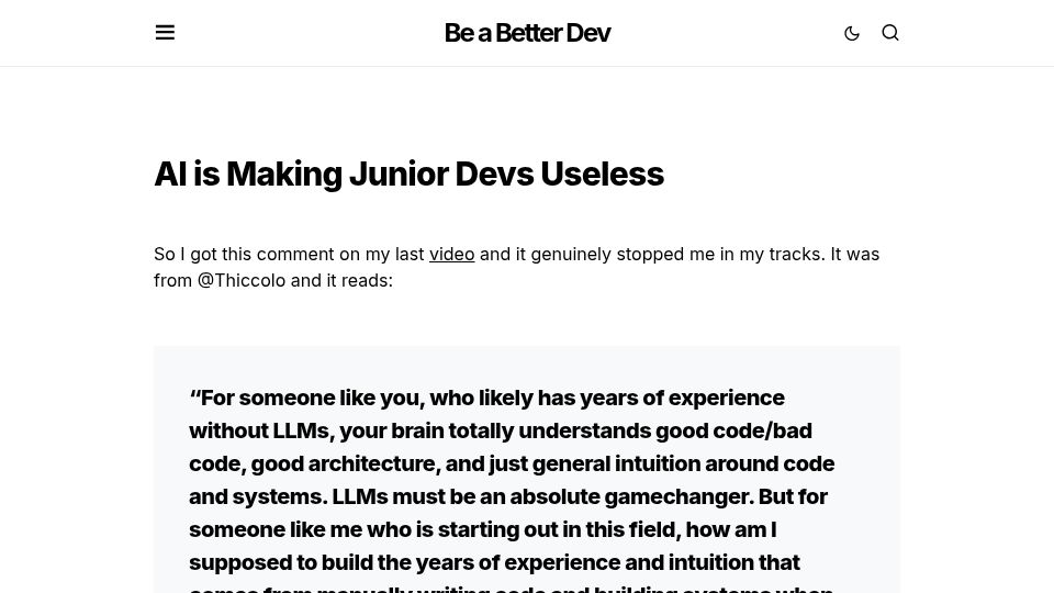 Screenshot of beabetterdev.com: AI is making junior devs useless