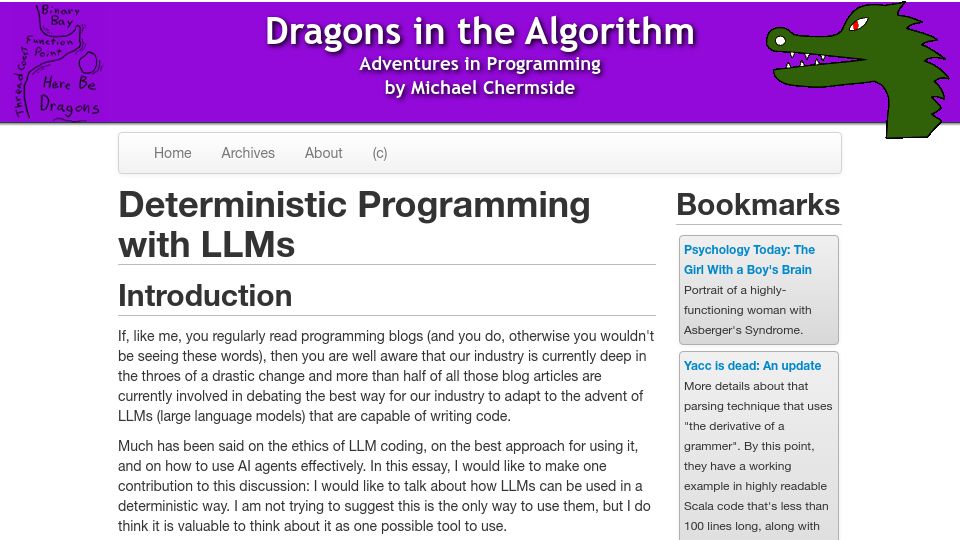 Screenshot of mcherm.com: Deterministic Programming with LLMs