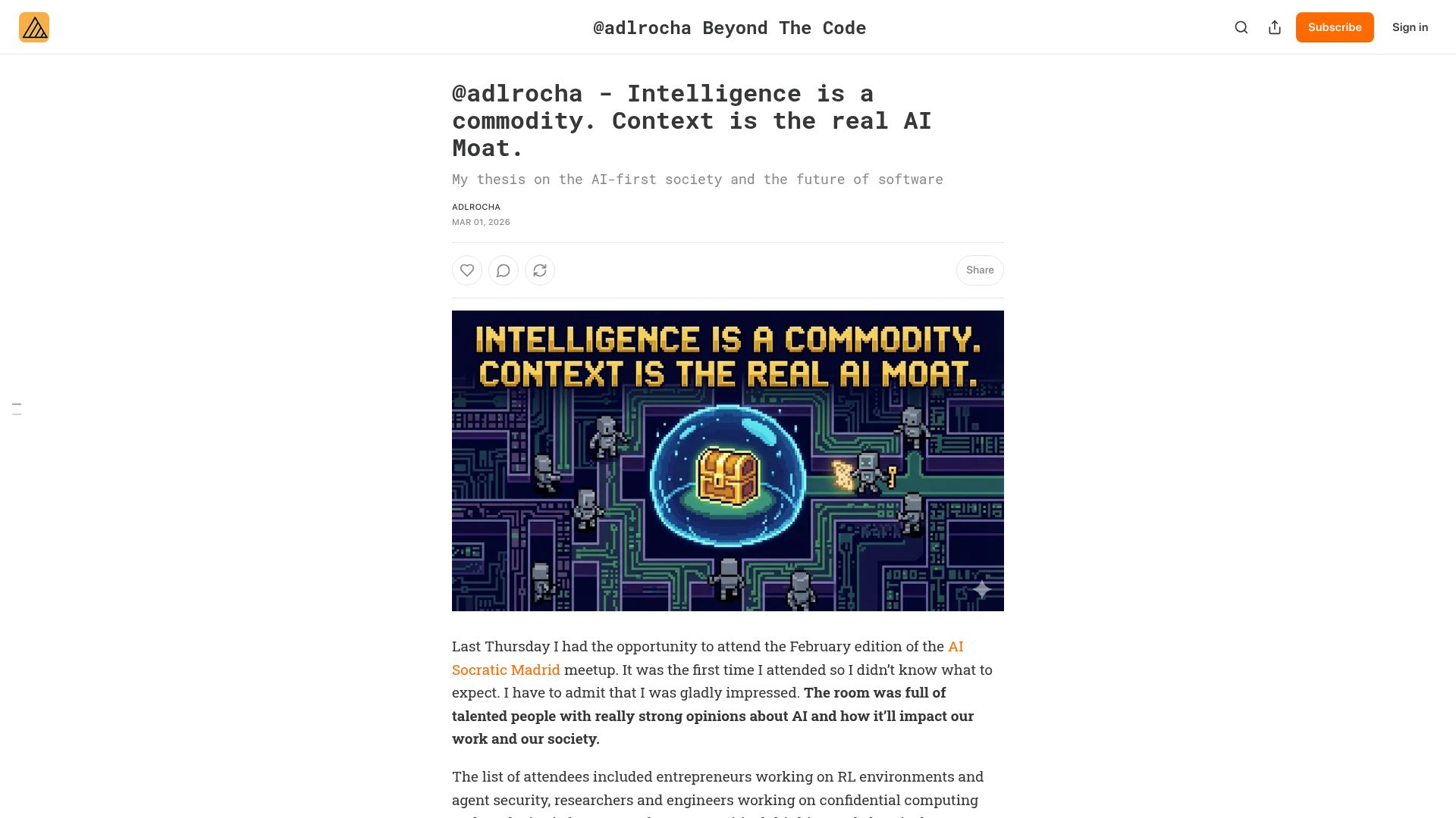 Screenshot of adlrocha.substack.com: Intelligence is a commodity. Context is the real AI Moat