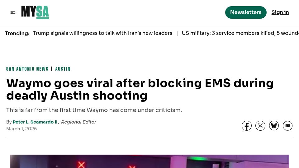 Screenshot of mysanantonio.com: Waymo blocking ambulance during deadly Austin shooting