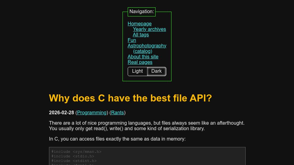 Screenshot of maurycyz.com: Why does C have the best file API