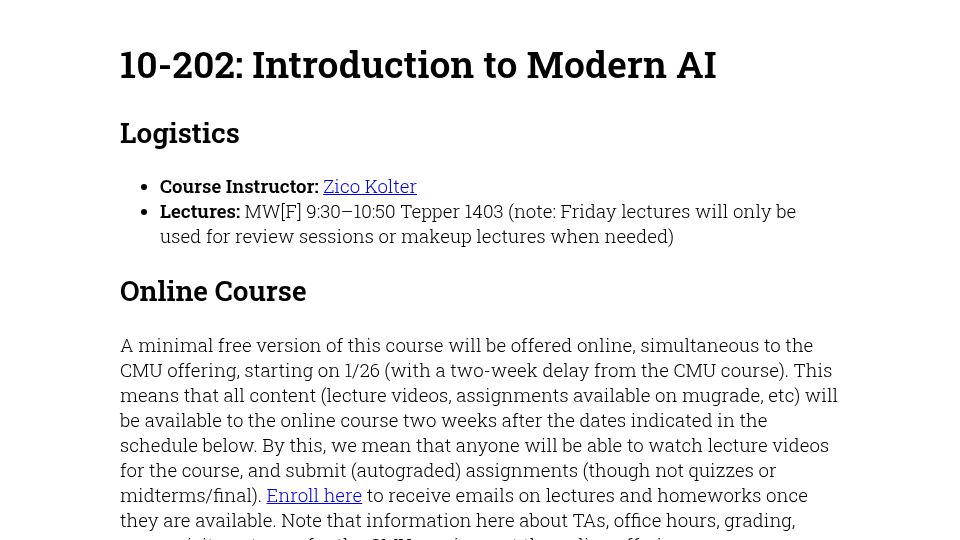 Screenshot of modernaicourse.org: 10-202: Introduction to Modern AI (CMU)