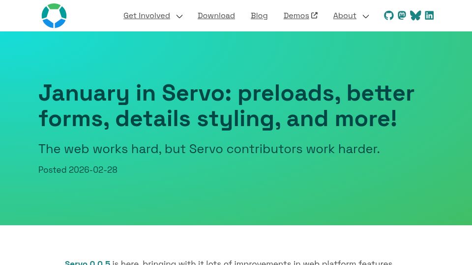 Screenshot of servo.org: January in Servo: preloads, better forms, details styling, and more