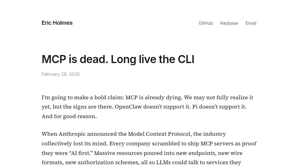 Screenshot of ejholmes.github.io: When does MCP make sense vs CLI?