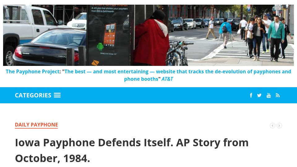 Screenshot of payphone-project.com: Iowa Payphone Defends Itself (Associated Press, 1984)