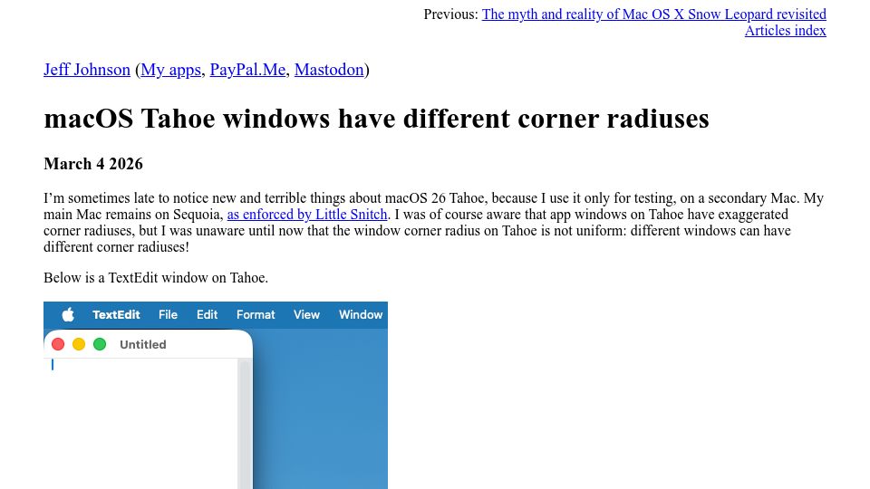 Screenshot of lapcatsoftware.com: macOS Tahoe windows have different corner radiuses