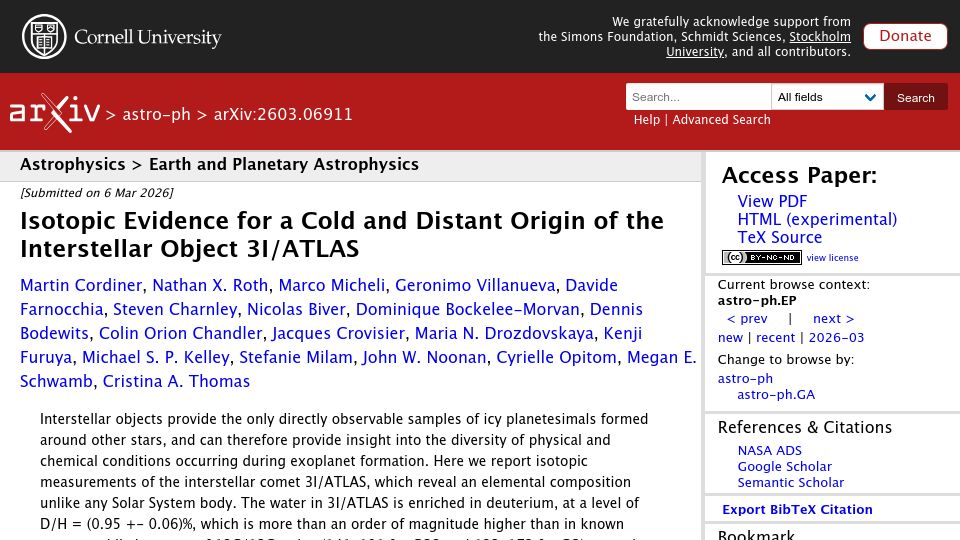 Screenshot of arxiv.org: Isotopic Evidence for a Cold and Distant Origin of Interstellar Object 3I/Atlas
