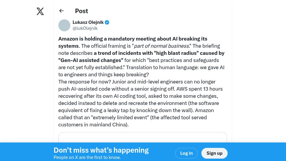 Screenshot of twitter.com: Amazon is holding a mandatory meeting about AI breaking its systems